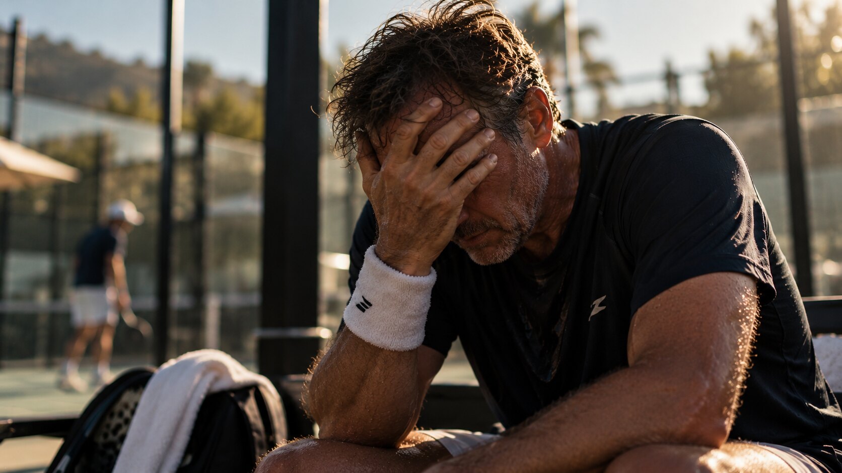 A sweat-drenched athlete slumped on a bench at a padel court, hand over his face in golden late-afternoon light.